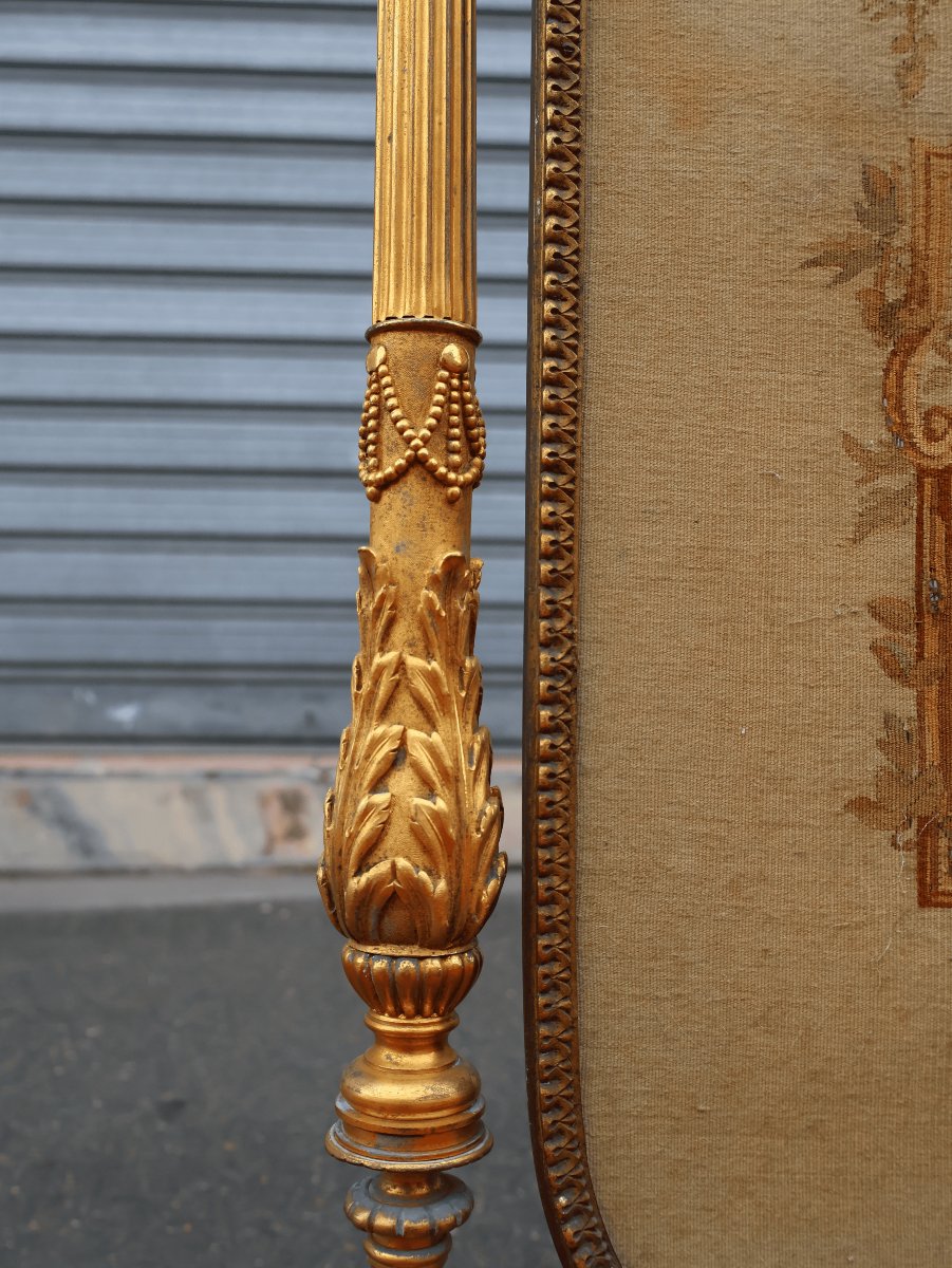 Napoleon III-style Fireplace Screen In Gilded Bronze And Aubusson Tapestry-photo-2