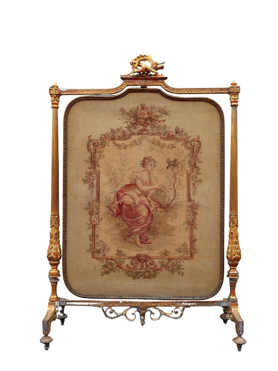 Napoleon III-style Fireplace Screen In Gilded Bronze And Aubusson Tapestry