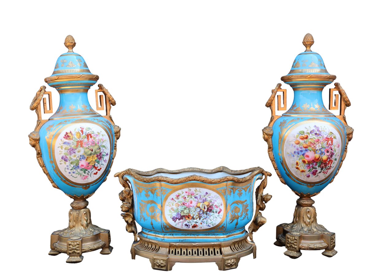 Blue-ground Porcelain And Gilt-bronze Mantel Garniture – Louis XVI Style