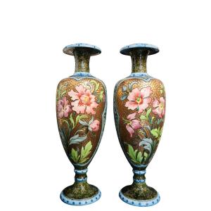 Pair Of Large Art Nouveau Glazed Ceramic Vases, Circa 1900, Signed Catelin