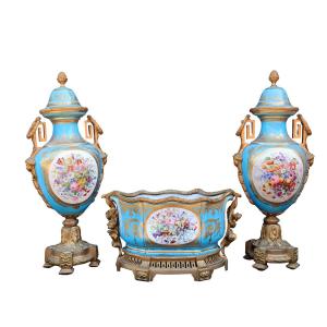 Blue-ground Porcelain And Gilt-bronze Mantel Garniture – Louis XVI Style