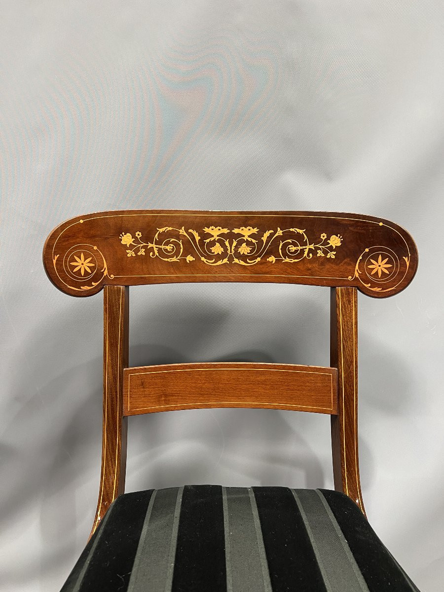 6 chaises en palissandre marqueté, époque Restauration-photo-3