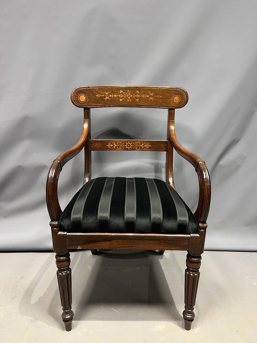 Ensemble de 6 chaises, 4 fauteuils et un pare-feu en palissandre marqueté, époque Restauration-photo-3