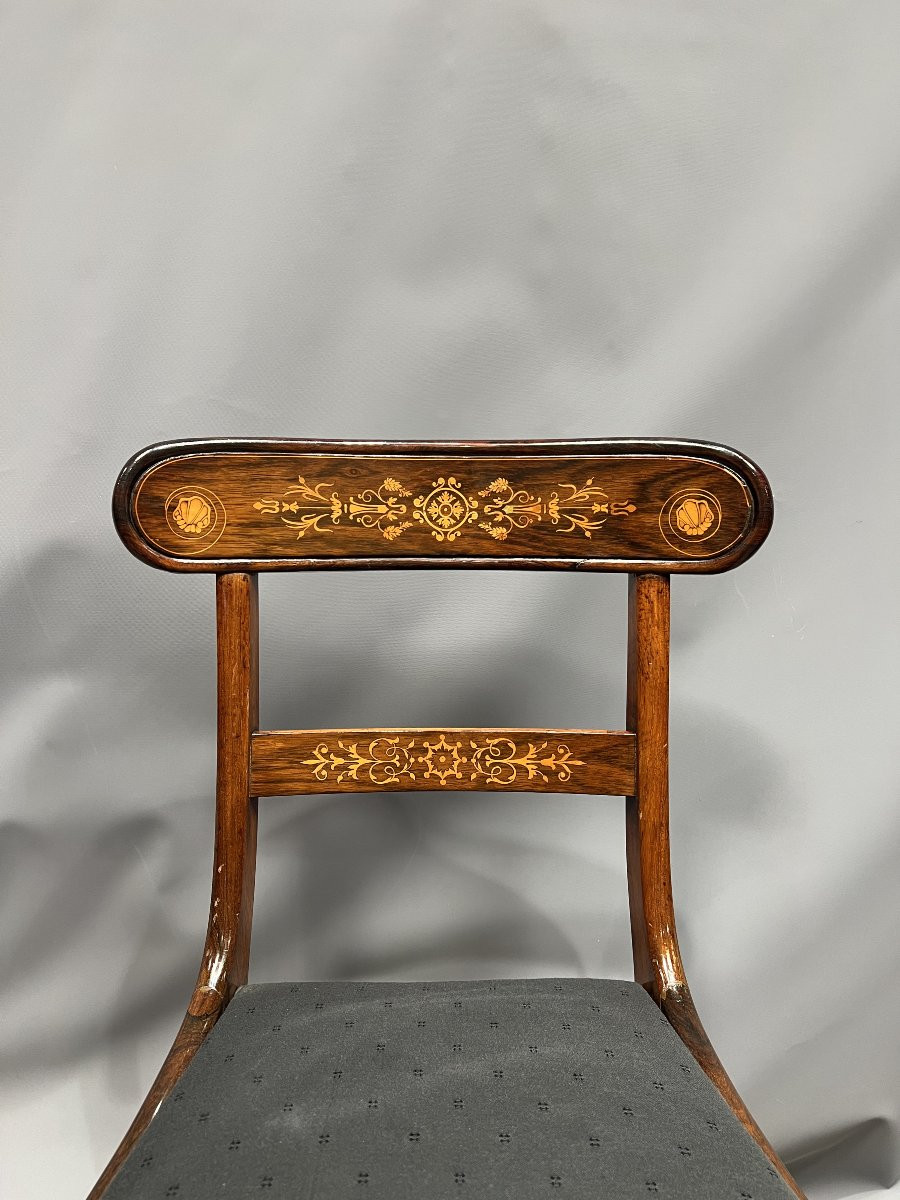 Ensemble de 6 chaises, 4 fauteuils et un pare-feu en palissandre marqueté, époque Restauration-photo-2