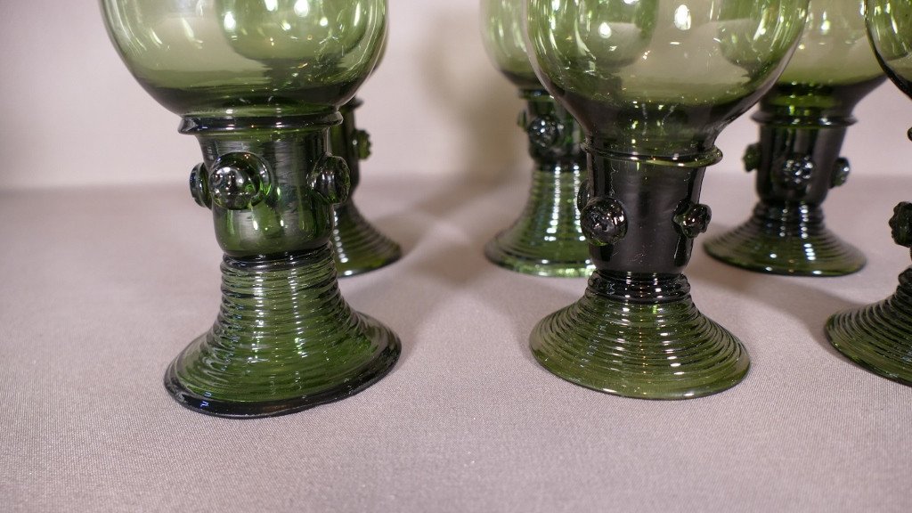 Netherlands, 6 Roemer Wine Glasses In Green Mouth Blown Crystal XIX-photo-4