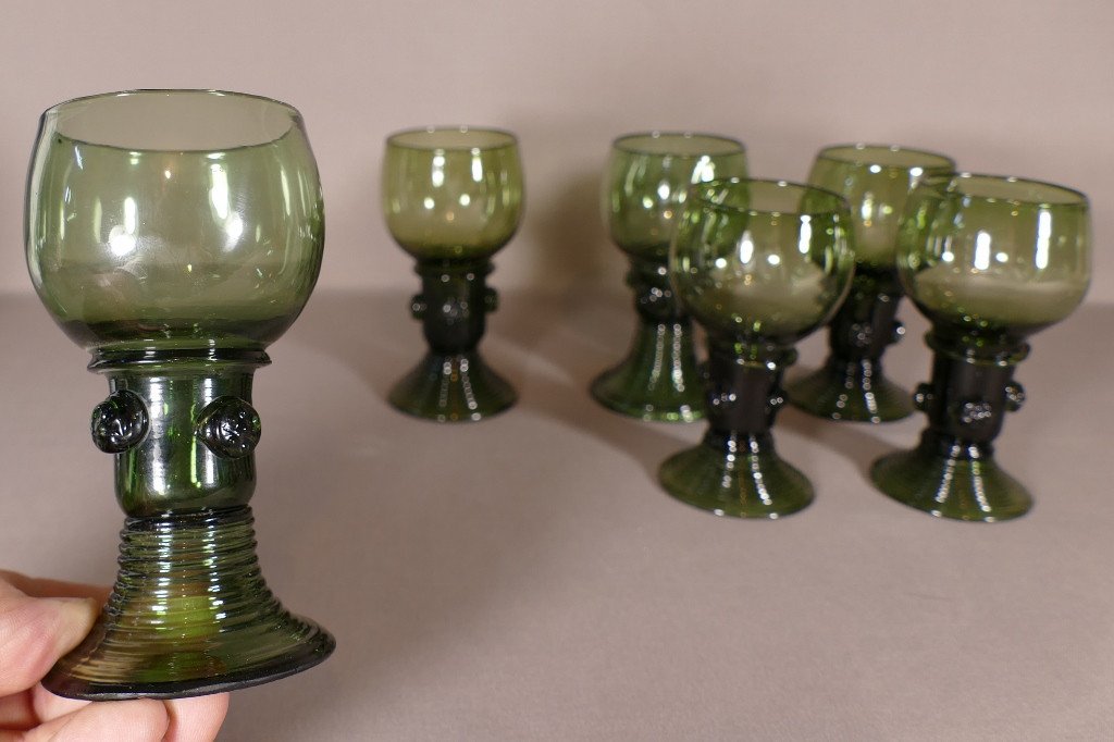 Netherlands, 6 Roemer Wine Glasses In Green Mouth Blown Crystal XIX