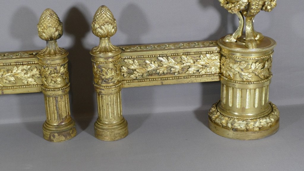 Paire De Feux Louis XVI , Chenets En Bronze Doré d'Après Blerzy, XVIII - XIX ème-photo-4