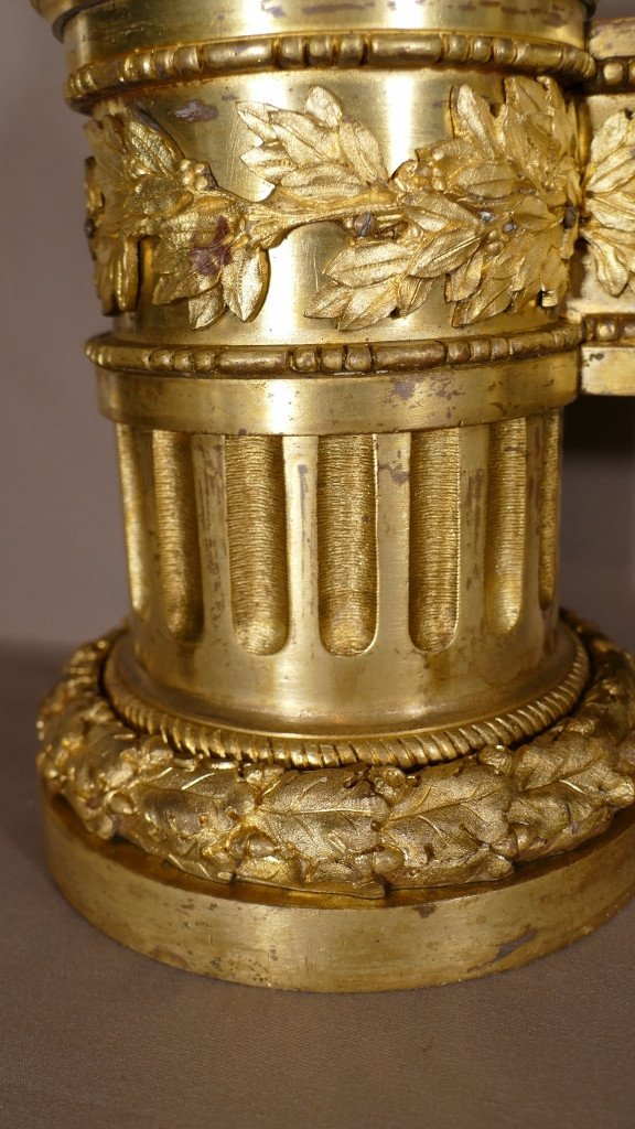 Paire De Feux Louis XVI , Chenets En Bronze Doré d'Après Blerzy, XVIII - XIX ème-photo-4