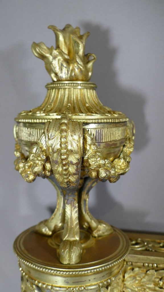Paire De Feux Louis XVI , Chenets En Bronze Doré d'Après Blerzy, XVIII - XIX ème-photo-5