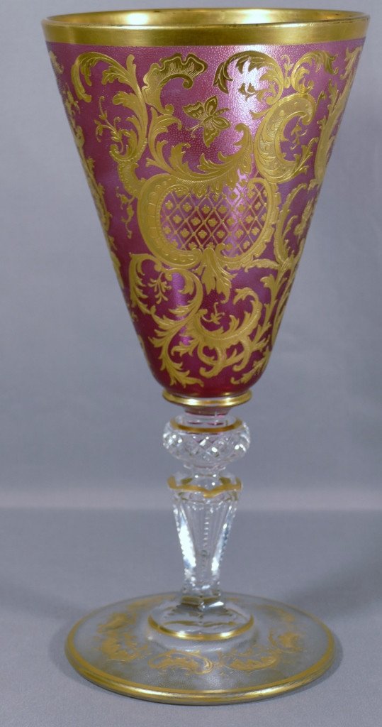 Large Cornet Vase In Frosted Crystal And Gilded With Fine Gold, Saint Louis, XIXth Century-photo-2