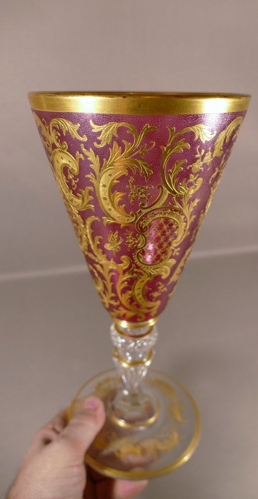 Large Cornet Vase In Frosted Crystal And Gilded With Fine Gold, Saint Louis, XIXth Century-photo-3