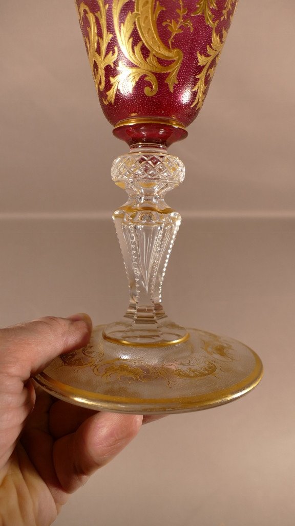 Large Cornet Vase In Frosted Crystal And Gilded With Fine Gold, Saint Louis, XIXth Century-photo-4