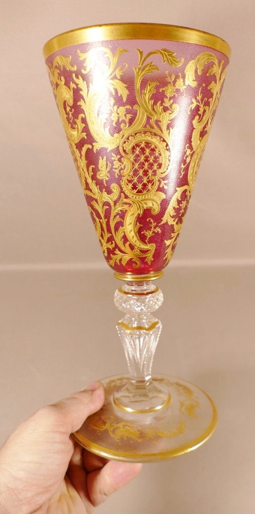 Grand Vase Cornet En Cristal Givré Et Doré à l'Or Fin, Saint Louis, XIX ème Siècle 