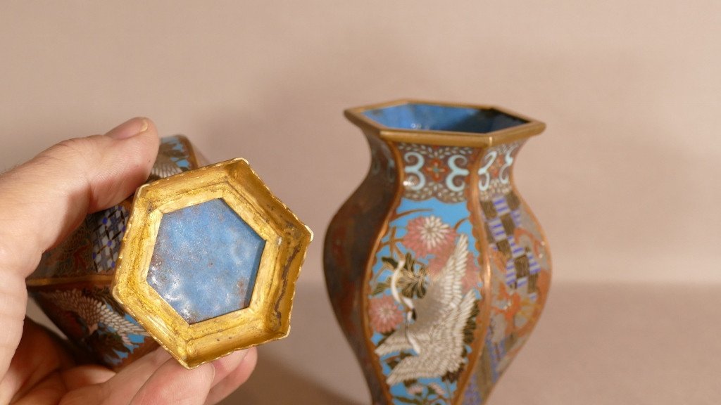 Paire De Petits Vases Japonais En Bronze Cloisonné à Décor De Grues, époque XIX ème -photo-3