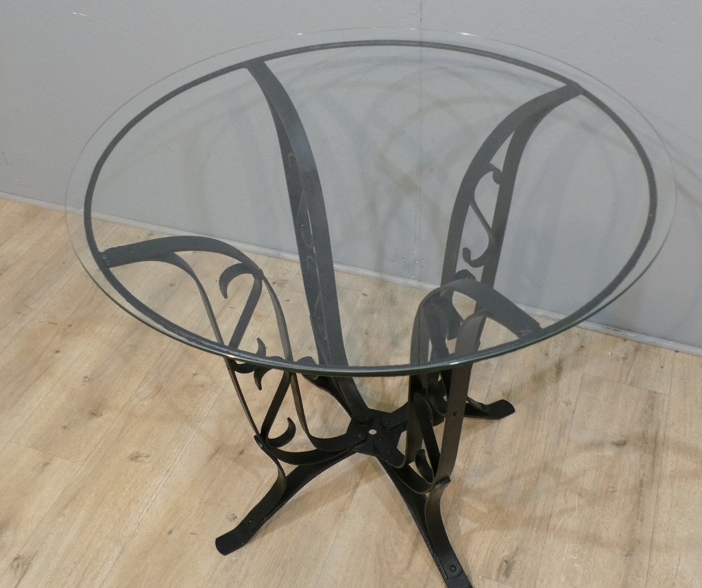 Wrought Iron And Glass Pedestal Table, Around 1930-1940-photo-3