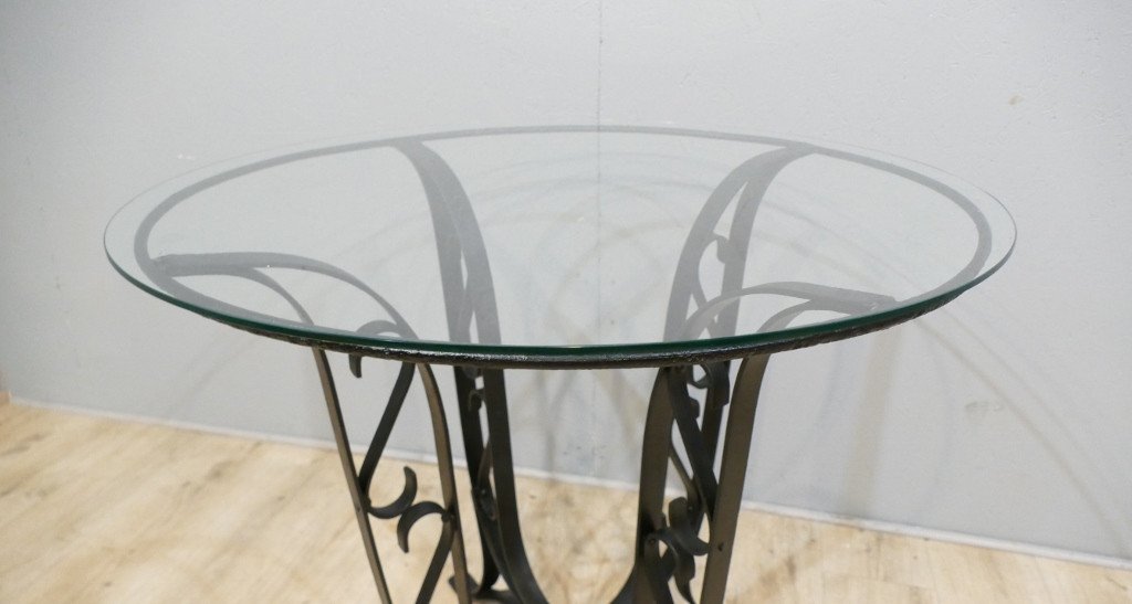 Wrought Iron And Glass Pedestal Table, Around 1930-1940-photo-5