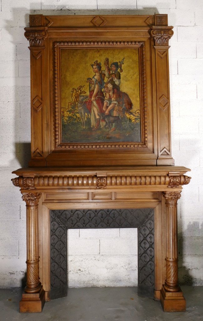 Castle Fireplace And Its Trumeau In Solid Walnut Renaissance Style XIX-photo-2