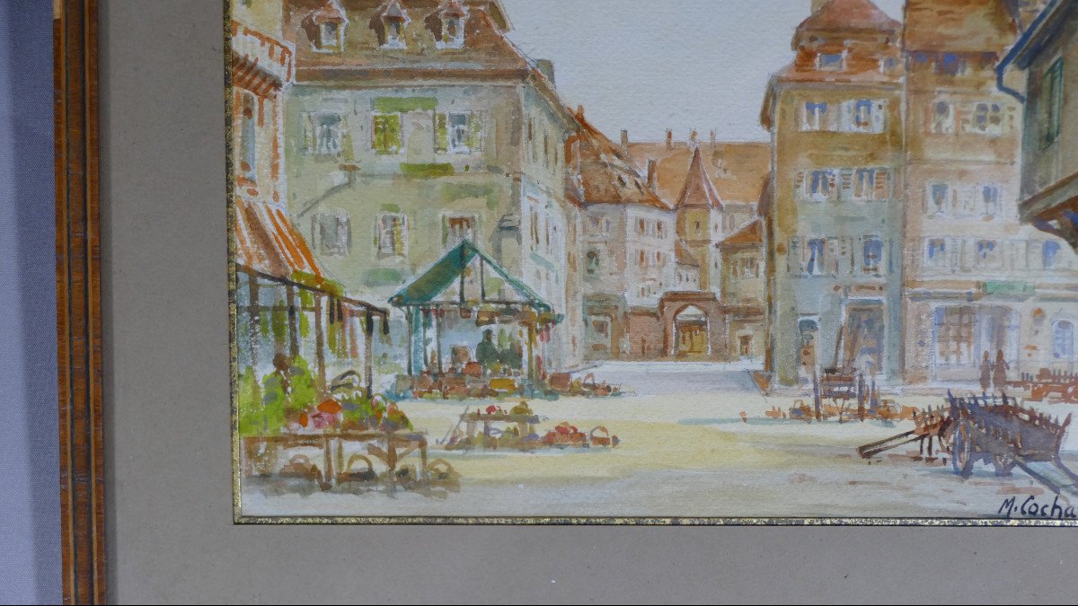 Schlestadt, Sélestat, Alsace, Watercolor Of A Town Square By M Cochard, Early 20th Century-photo-3