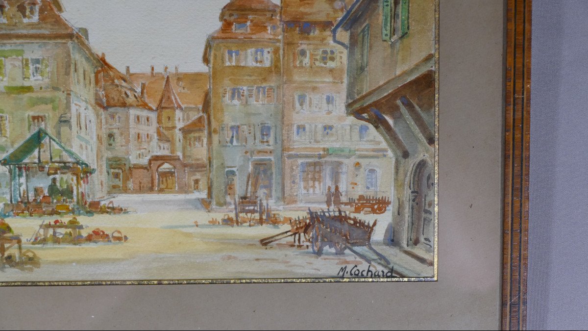 Schlestadt, Sélestat, Alsace, Watercolor Of A Town Square By M Cochard, Early 20th Century-photo-4
