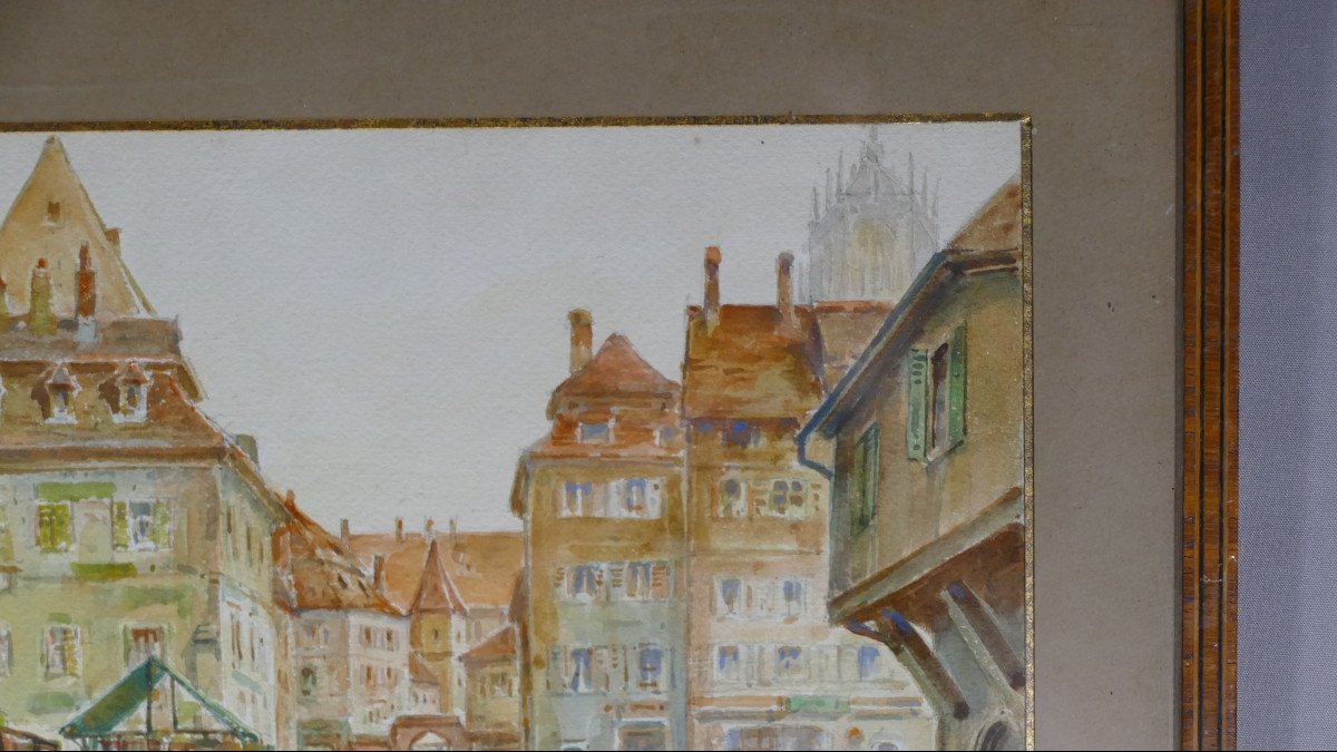 Schlestadt, Sélestat, Alsace, Watercolor Of A Town Square By M Cochard, Early 20th Century-photo-1