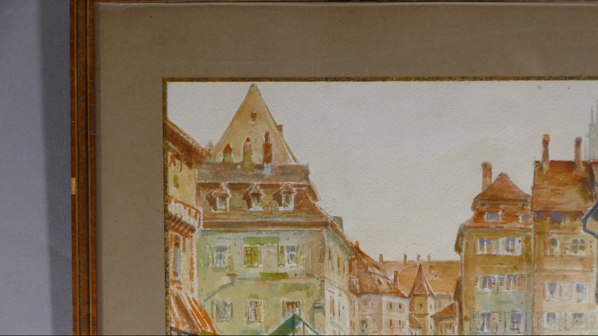 Schlestadt, Sélestat, Alsace, Watercolor Of A Town Square By M Cochard, Early 20th Century-photo-2