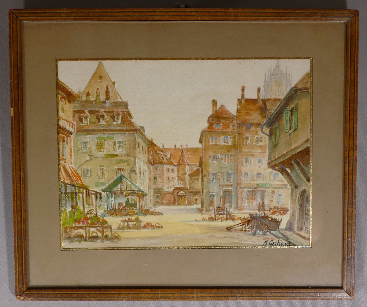 Schlestadt, Sélestat, Alsace, Watercolor Of A Town Square By M Cochard, Early 20th Century
