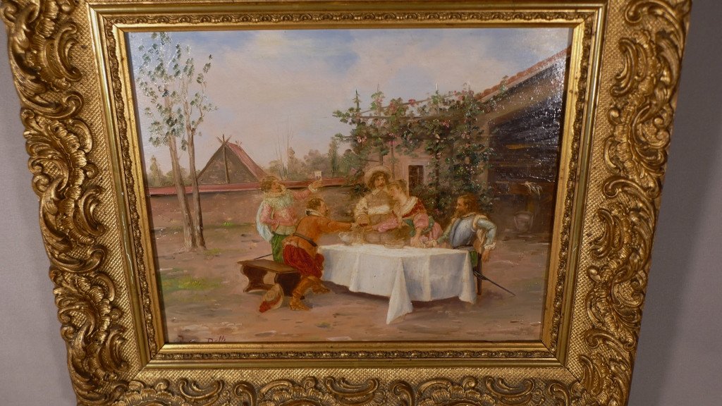 School Of Auguste Detti, Pair Of Paintings On Panels, Meal Scene In Costume, Early 20th Century-photo-3