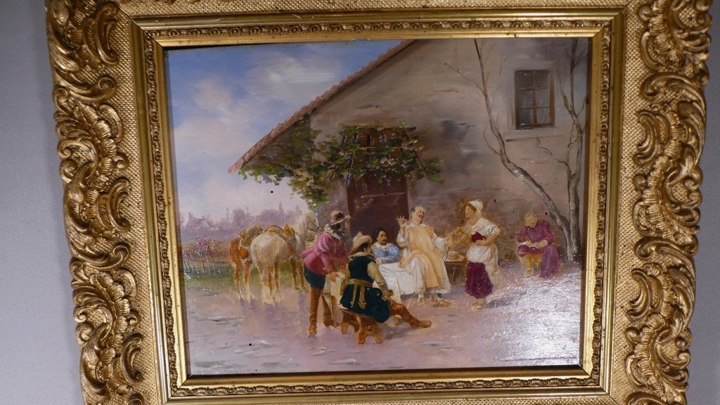 Ecole d'Auguste Detti, Paire De Tableaux Sur Panneaux, Scène De Repas En Costume, Début XX ème-photo-4