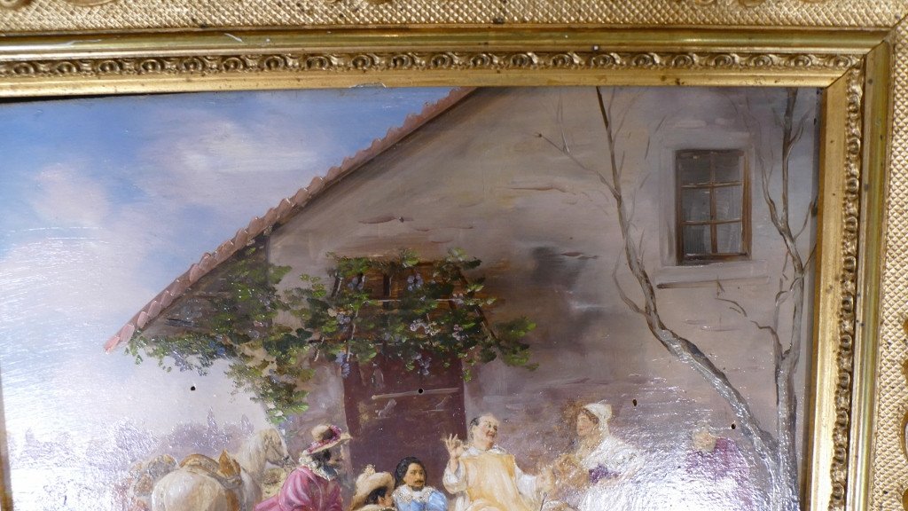 Ecole d'Auguste Detti, Paire De Tableaux Sur Panneaux, Scène De Repas En Costume, Début XX ème-photo-2