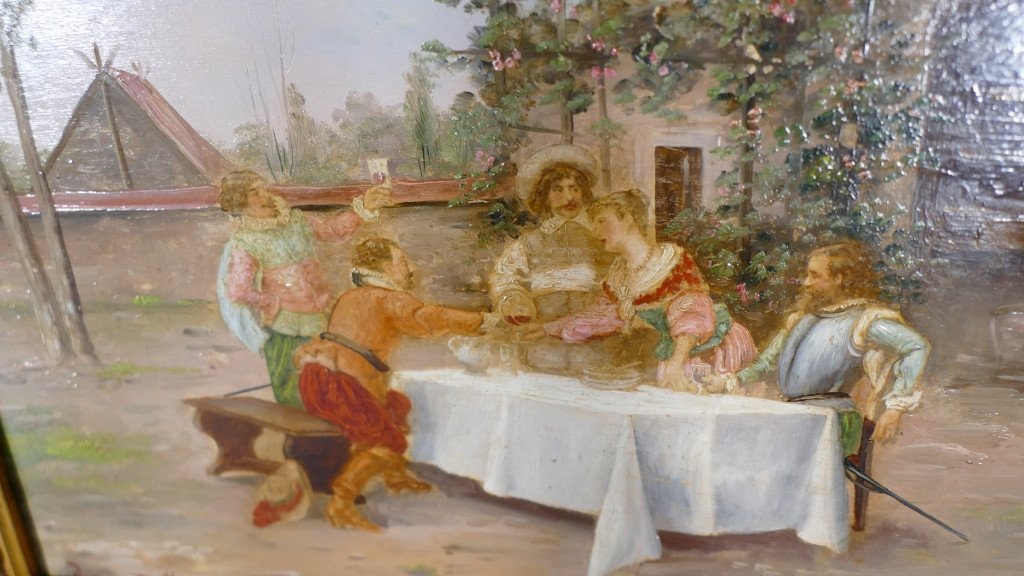 School Of Auguste Detti, Pair Of Paintings On Panels, Meal Scene In Costume, Early 20th Century-photo-4