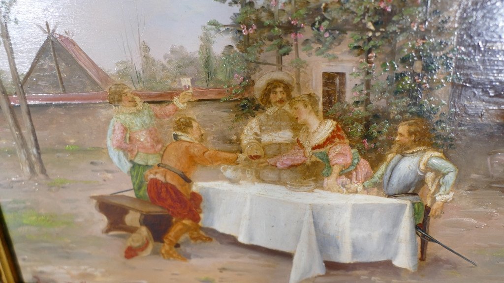 Ecole d'Auguste Detti, Paire De Tableaux Sur Panneaux, Scène De Repas En Costume, Début XX ème-photo-4