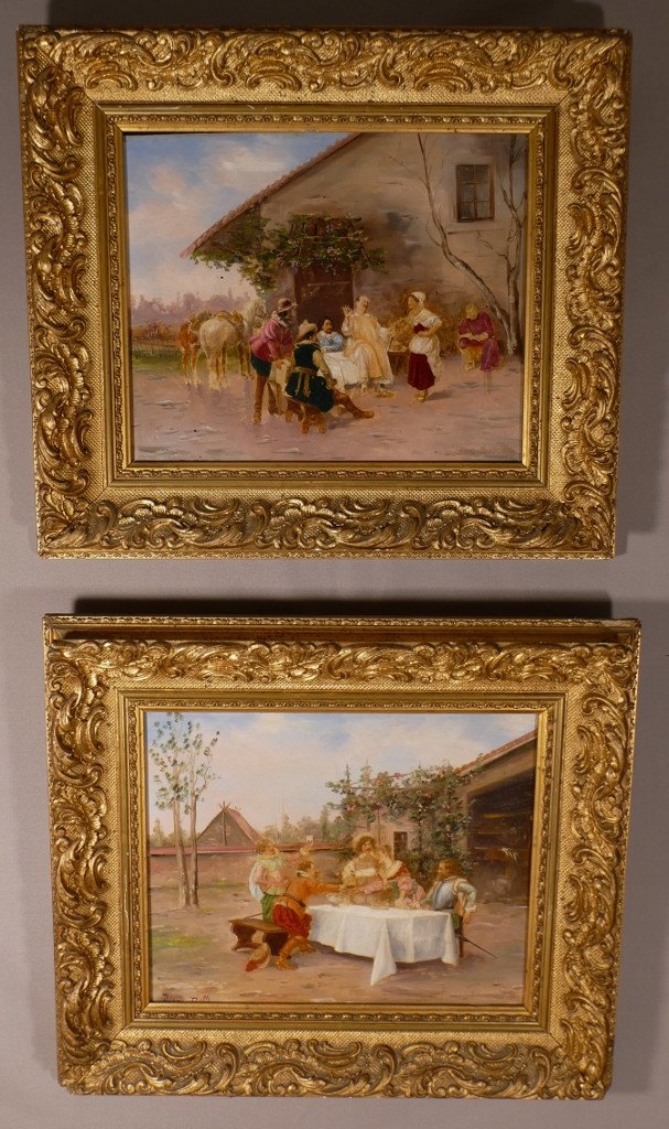 School Of Auguste Detti, Pair Of Paintings On Panels, Meal Scene In Costume, Early 20th Century