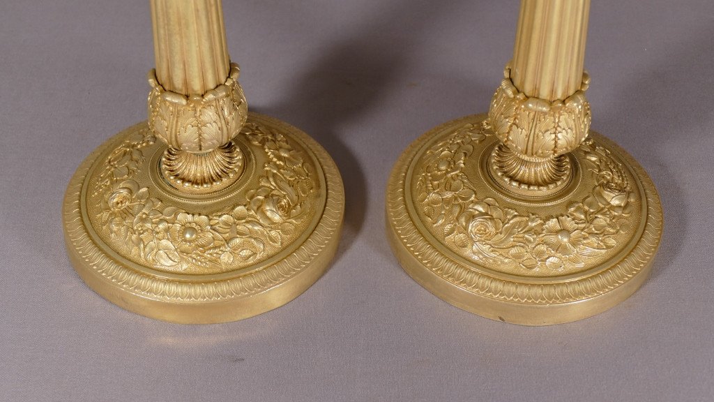 Pair Of Candlesticks In Bronze And Gilded Brass, Restoration Period, Early XIXth-photo-2