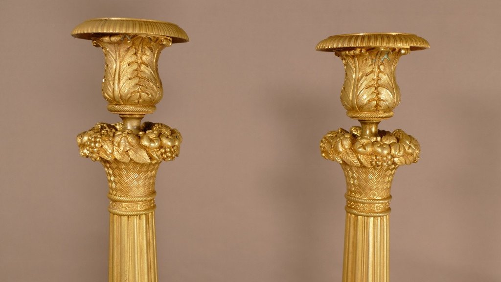 Pair Of Candlesticks In Bronze And Gilded Brass, Restoration Period, Early XIXth-photo-4