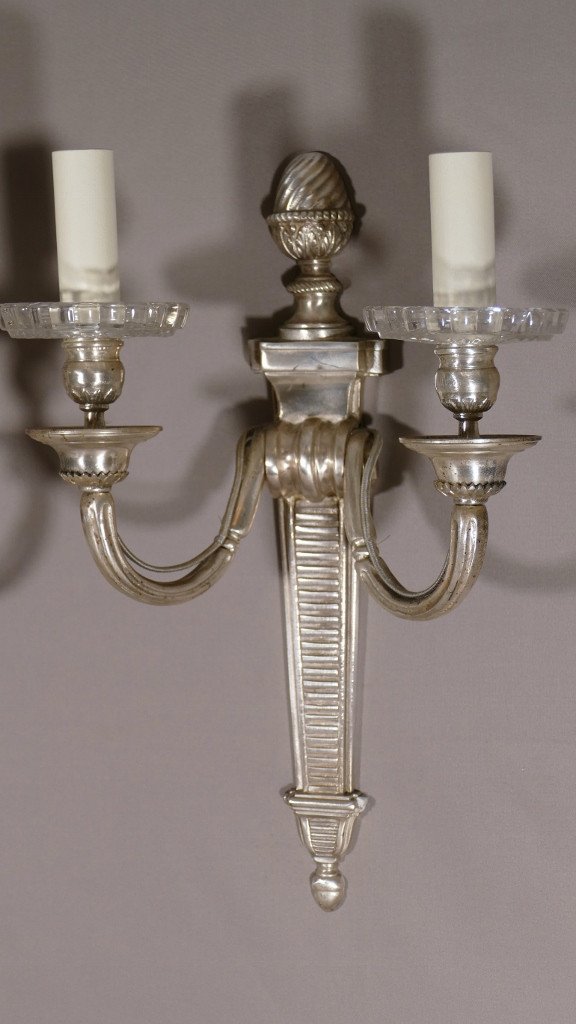 Pair Of Neoclassical Louis XVI Sconces In Silver Bronze, XIXth Time-photo-2