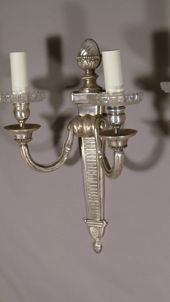 Pair Of Neoclassical Louis XVI Sconces In Silver Bronze, XIXth Time-photo-3