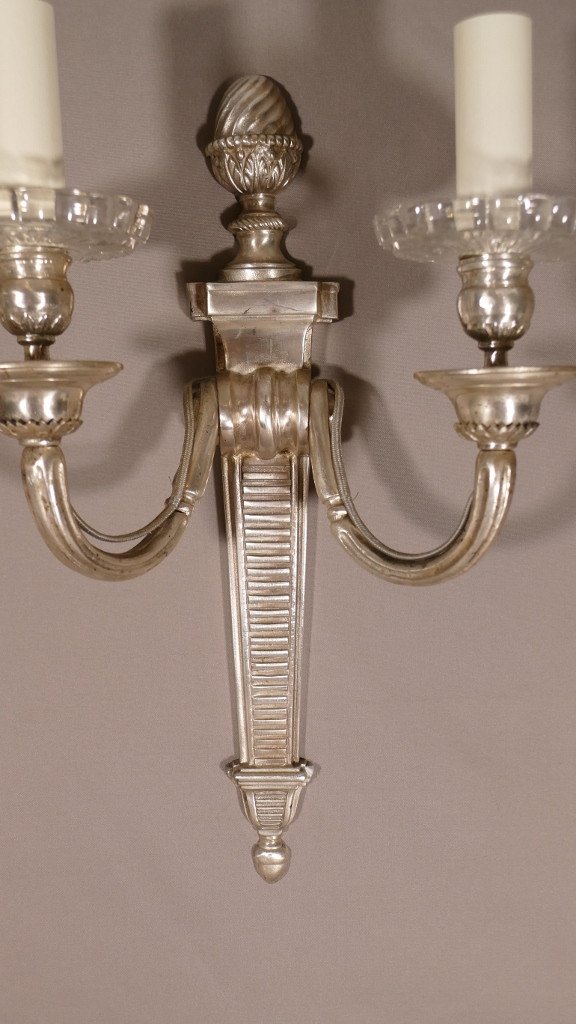 Pair Of Neoclassical Louis XVI Sconces In Silver Bronze, XIXth Time-photo-4