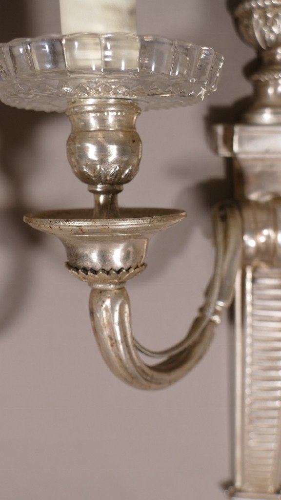 Pair Of Neoclassical Louis XVI Sconces In Silver Bronze, XIXth Time-photo-1