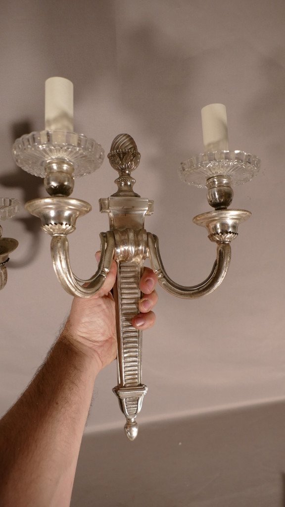 Pair Of Neoclassical Louis XVI Sconces In Silver Bronze, XIXth Time-photo-5