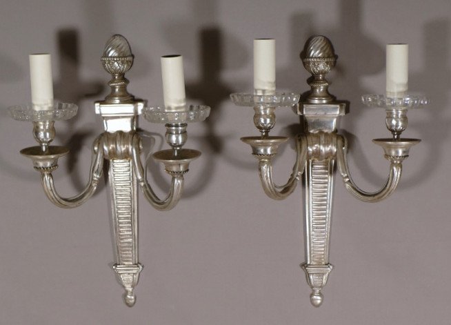 Pair Of Neoclassical Louis XVI Sconces In Silver Bronze, XIXth Time