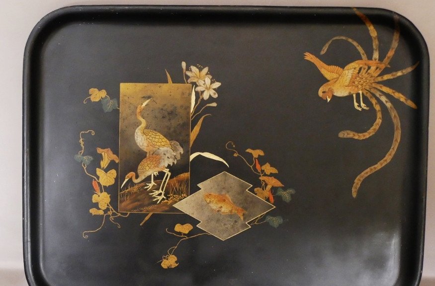 Very Large Lacquered Napoleon III Tray Decor Of Cranes, Koi Carp And Bird, Boiled Cardboard-photo-2