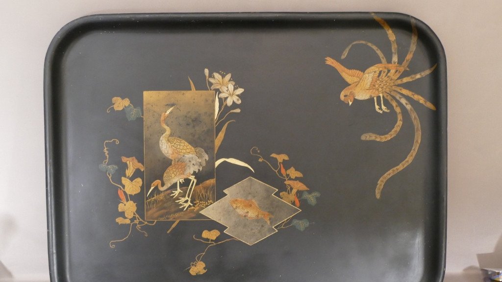 Very Large Lacquered Napoleon III Tray Decor Of Cranes, Koi Carp And Bird, Boiled Cardboard-photo-3
