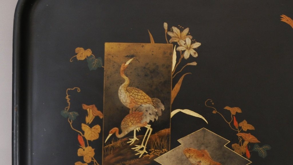 Very Large Lacquered Napoleon III Tray Decor Of Cranes, Koi Carp And Bird, Boiled Cardboard-photo-1