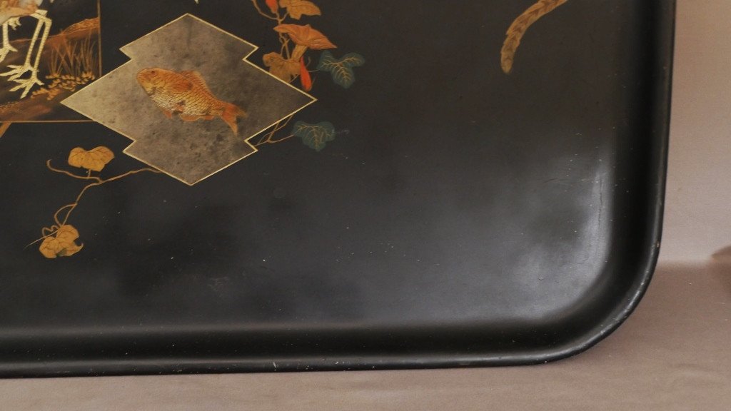 Very Large Lacquered Napoleon III Tray Decor Of Cranes, Koi Carp And Bird, Boiled Cardboard-photo-4