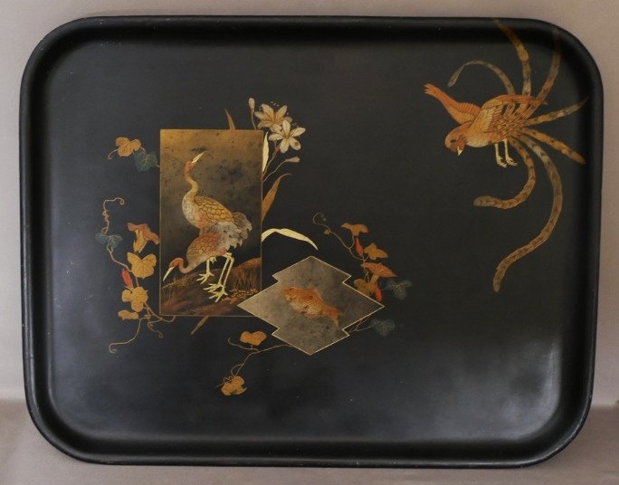 Very Large Lacquered Napoleon III Tray Decor Of Cranes, Koi Carp And Bird, Boiled Cardboard