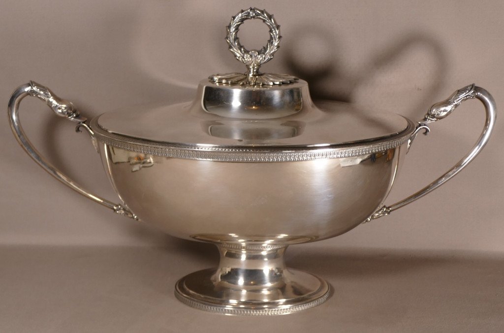 Centre De Table De Style Empire, Coupe Couverte Soupière Métal Argenté, Orfèvre Plasait