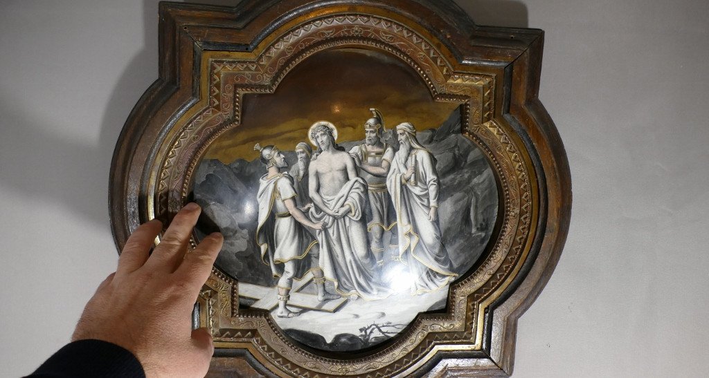 Tableau Religieux Peint Sur Faïence, Cadre Bois Et Bronze, époque XIX ème-photo-5