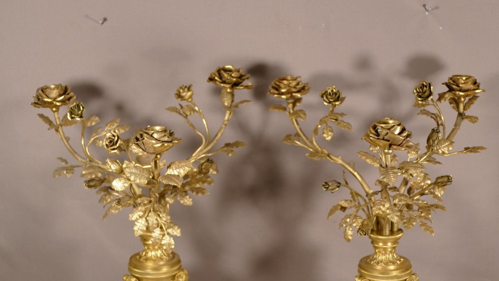 Pair Of Candlesticks With Bouquets Of Roses And Heads Of Rams, Bronze And Marble XIX-photo-1