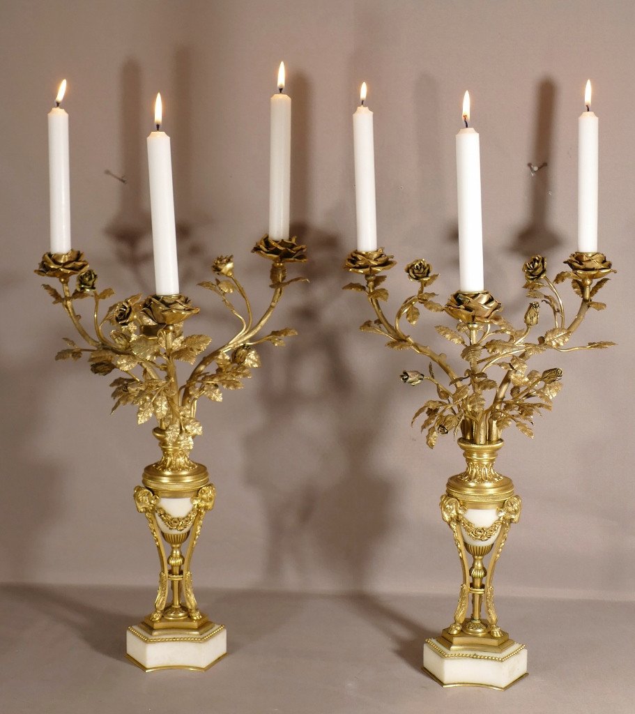 Pair Of Candlesticks With Bouquets Of Roses And Heads Of Rams, Bronze And Marble XIX