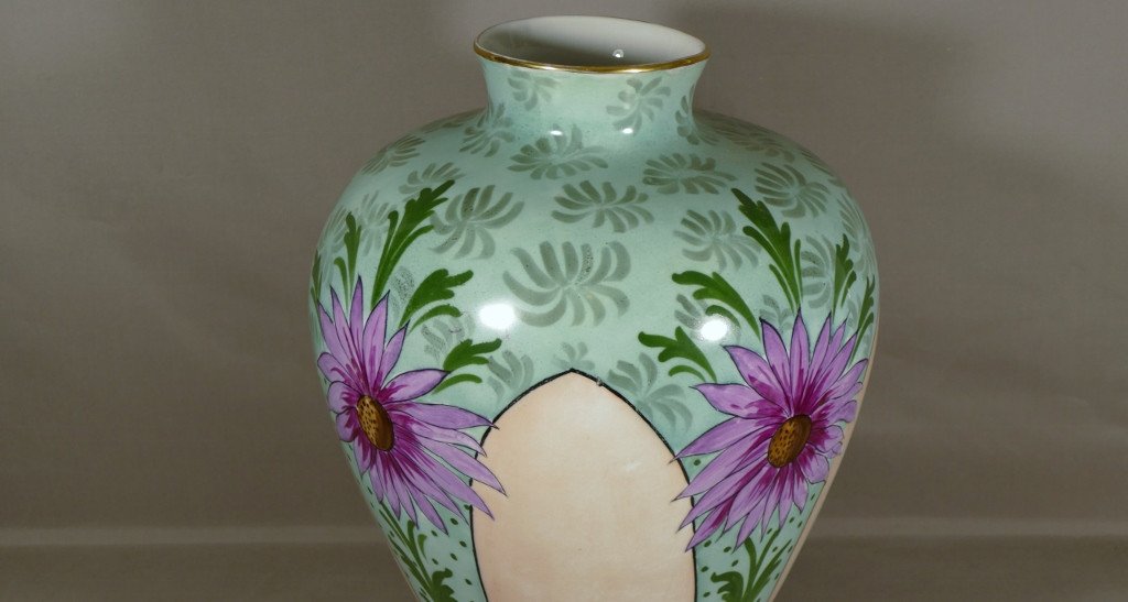 Grand Vase Potiche Décor Aux Fleurs Porcelaine De Limoges, époque Art Déco-photo-2